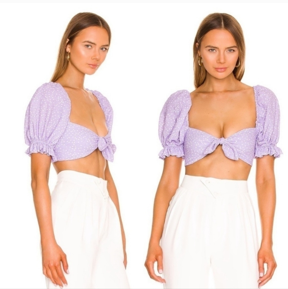 For Love And Lemons Purple Polka Dot Puff Sleeve Top
